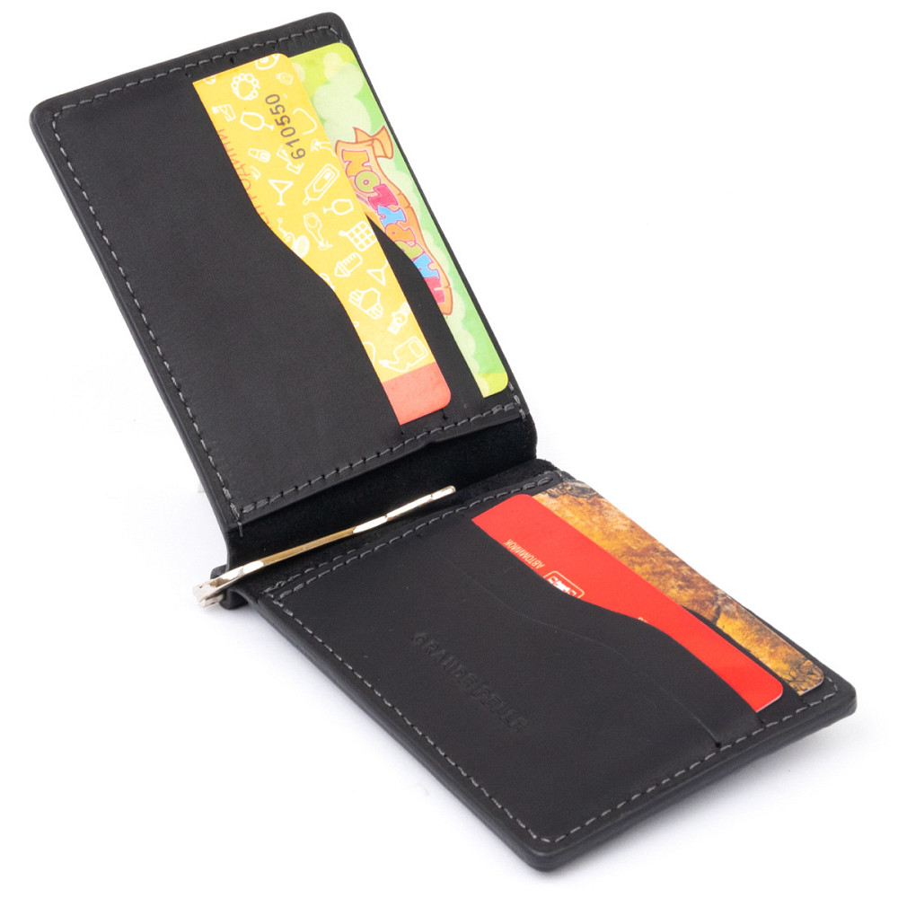 Стильне портмоне з затискачем для грошей без застібки Чорне (GRANDE PELLE) Київ - фото 10