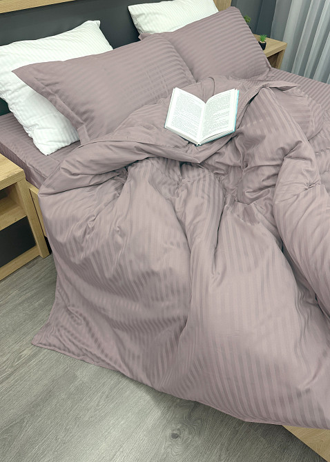 Комплект постельного белья Страйп-сатин Двуспальный 180х220 с простыней на резинке Лилово-серый (88-100) Киев - изображение 6