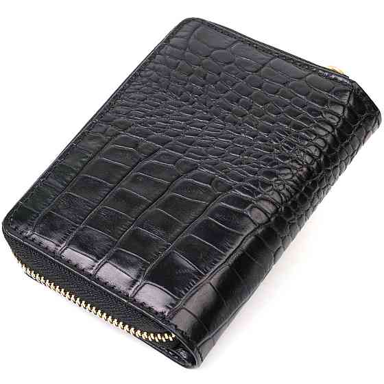 Компактний жіночий гаманець з місткою монетницею на блискавці з натуральної шкіри Чорний (Tony Bellucci) Київ