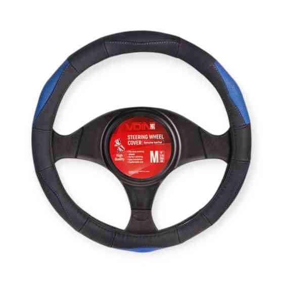 Чехол l кожа (39 - 41 см) черный 3 перфор. синих вставки, синяя нить, белая основа руля Мукачево