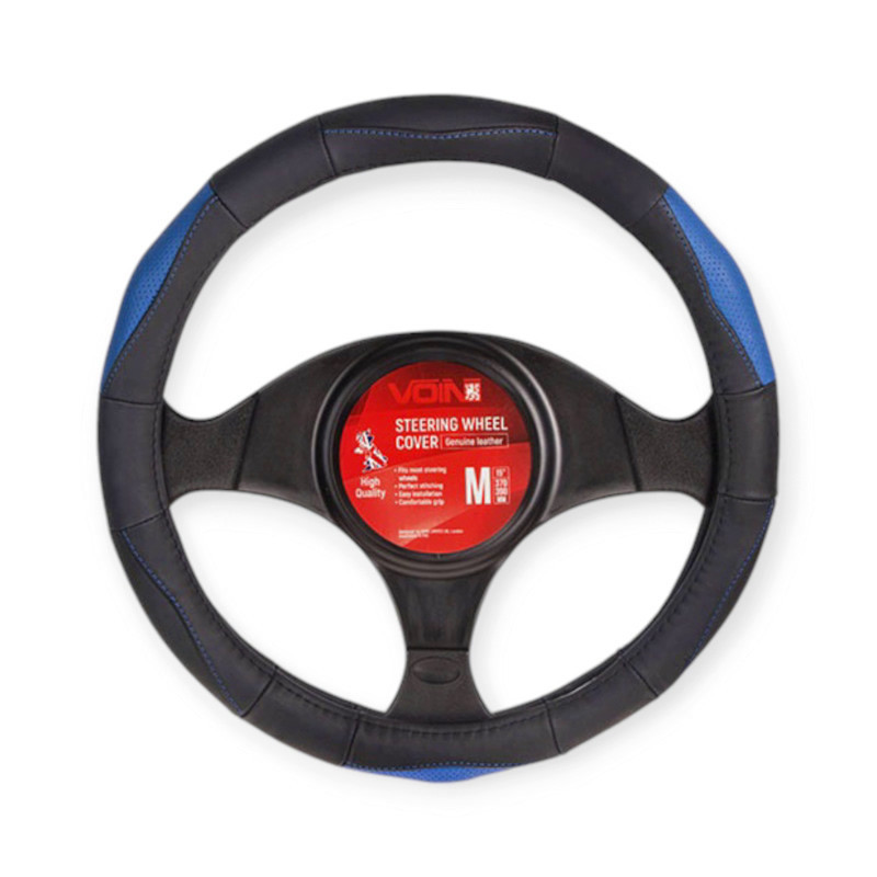 Чехол l кожа (39 - 41 см) черный 3 перфор. синих вставки, синяя нить, белая основа руля Мукачево - изображение 1