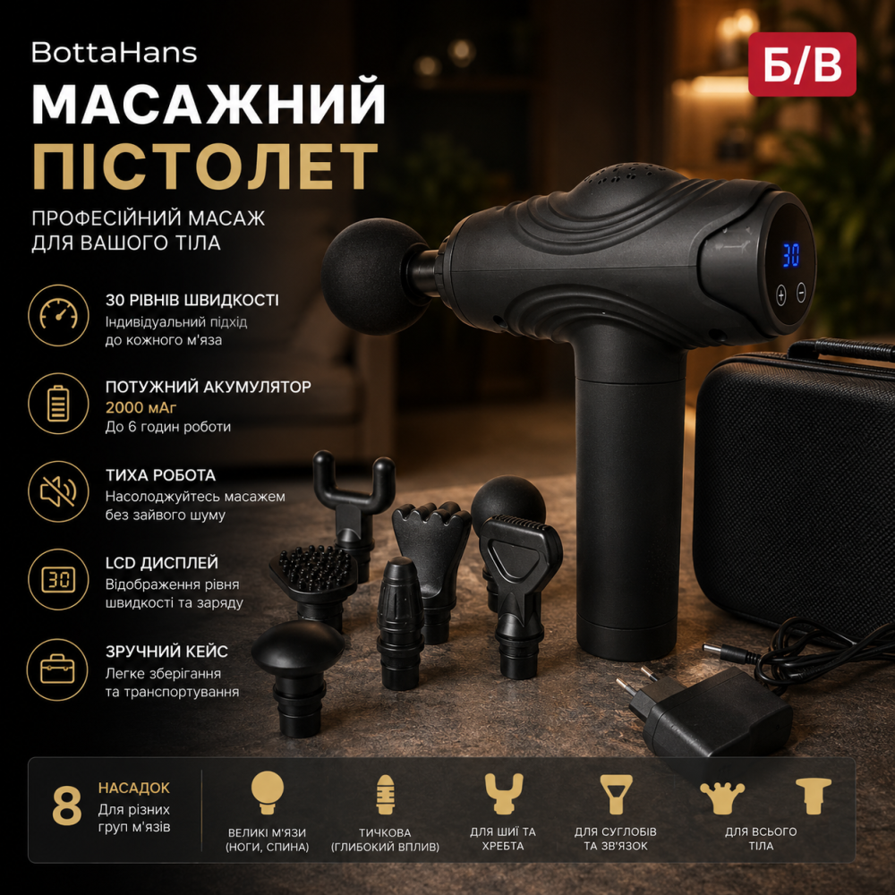 Б/В Перкусійний масажний пістолет BottaHans, 30 швидкостей, 2000 мАг, тихий масажер для м'язів, LCD дисплей, кейс Київ - фото 9