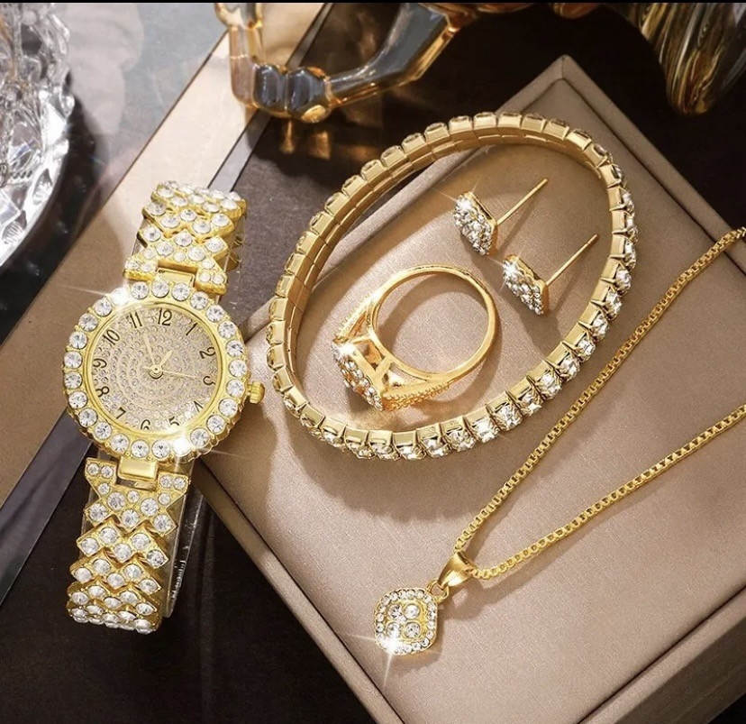 Подарочный набор для женщин: наручные часы, браслет, кольцо, ожерелье и серьги, без подарочной коробки золотой Киев - изображение 3