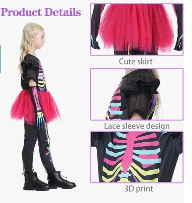 Костюм скелета для девочки 110см комбинезон с принтом костей, розовой юбкой перчатками палочкой для Хэллоуина. Киев - изображение 2