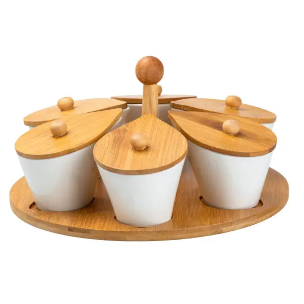 TS Kitchen Набір порцелянових баночок для сипучих продуктів 6 штук по 100 мл на бамбуковій підс Киев - изображение 1