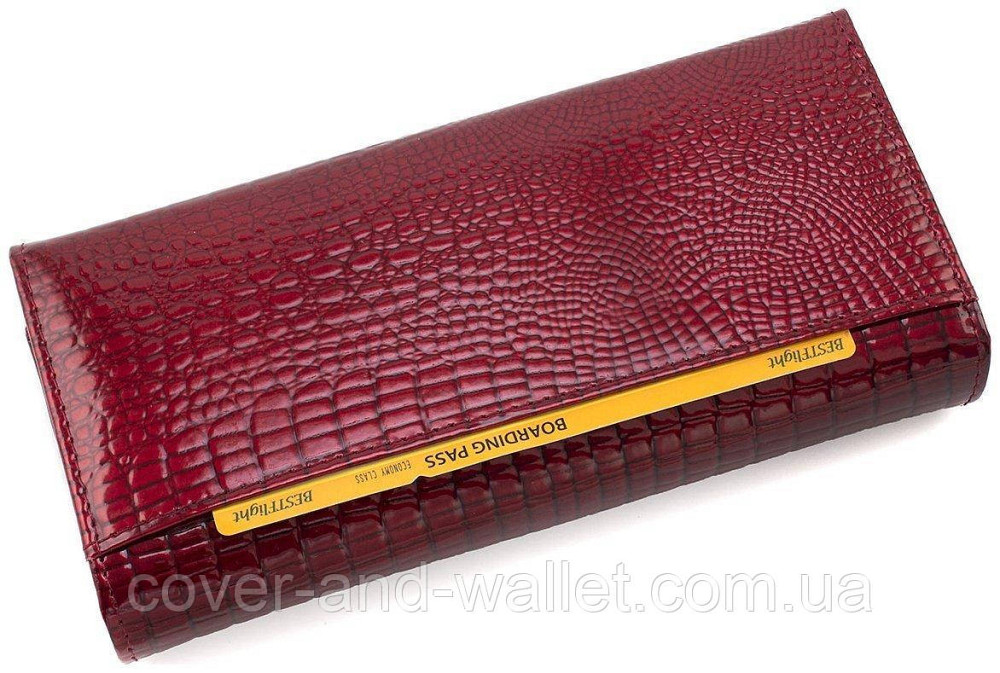 Довгий жіночий гаманець бордового кольору з лакової шкіри під рептилію ST Leather Київ - фото 4