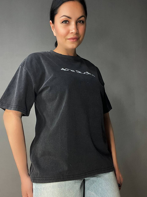 Футболка женская A-N 27039 вареная тай-дай оверсайз хлопок с надписью, черный, one size Киев - изображение 18