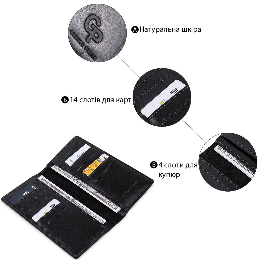 Практичне чоловіче портмоне GRANDE PELLE 11559 Чорний Київ - фото 4