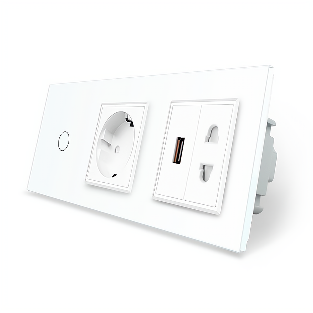 LIVOLO Сенсорний вимикач 1 сенсор 1 розетка 1 USB 1 розетка універсальна Livolo білий скло (VL- Київ - фото 1