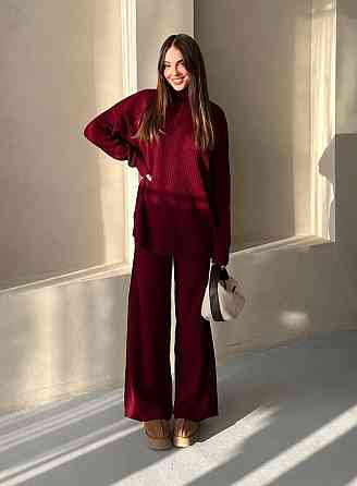 Женский теплый базовый костюм двойка мелкая машинная вязка Бордовый Одесса