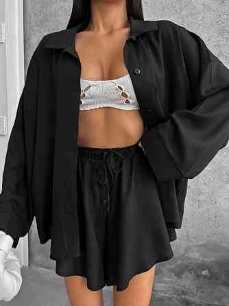 Жіночий літній оверсайз костюм-двійка: сорочка та шорти льон Чорний Одеса