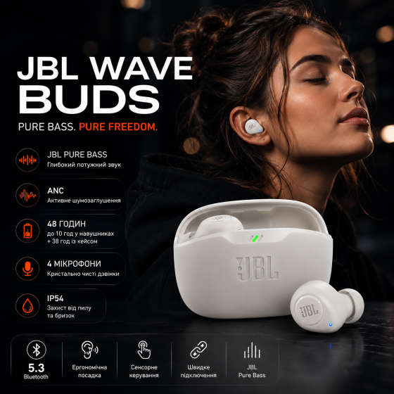 Наушники JBL Wave Buds TWS White, Bluetooth 5.3, ANC, 48 ч, IP54, 4 микрофона, JBL Pure Bass Киев