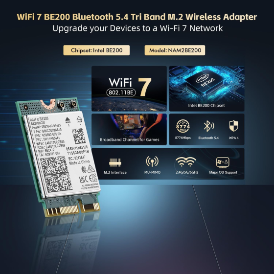 Wi-Fi 7 модуль Binardat Intel BE200NGW M.2, 8774 Мбіт/с, 2.4/5/6 ГГц, Bluetooth 5.4, Windows 10/11 Київ