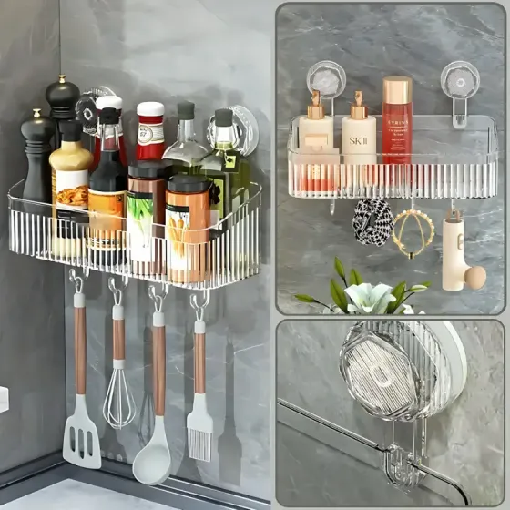 Полка в ванную на присосках с крючками, 30х22х10,8 см / Настенная полочка органайзер для ванной Коломия