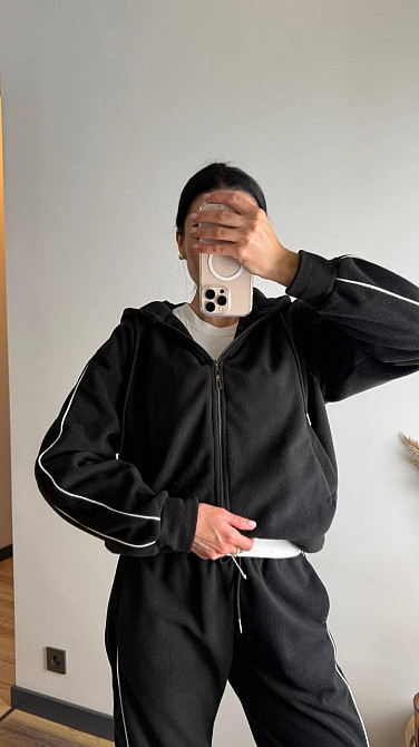 Жіночий теплий костюм-двійка з кантом двосторонній фліс Чорний, 42/44 Одеса - фото 7