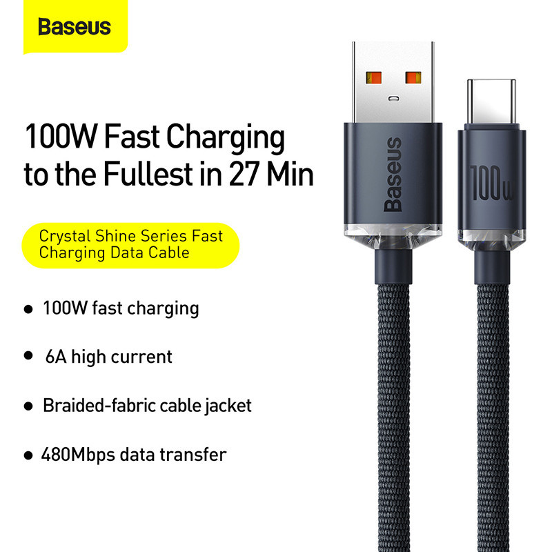 Кабель Baseus Crystal Shine Series Fast Charging Data Cable USB to Type-C 100W 2m Black Одеса - фото 6