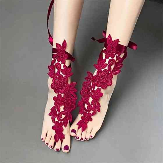 Мереживні квіткові гольфи із зав'язками XS/S/М/L (1,2,3,4) Бордовий — Еротична білизна Вінниця