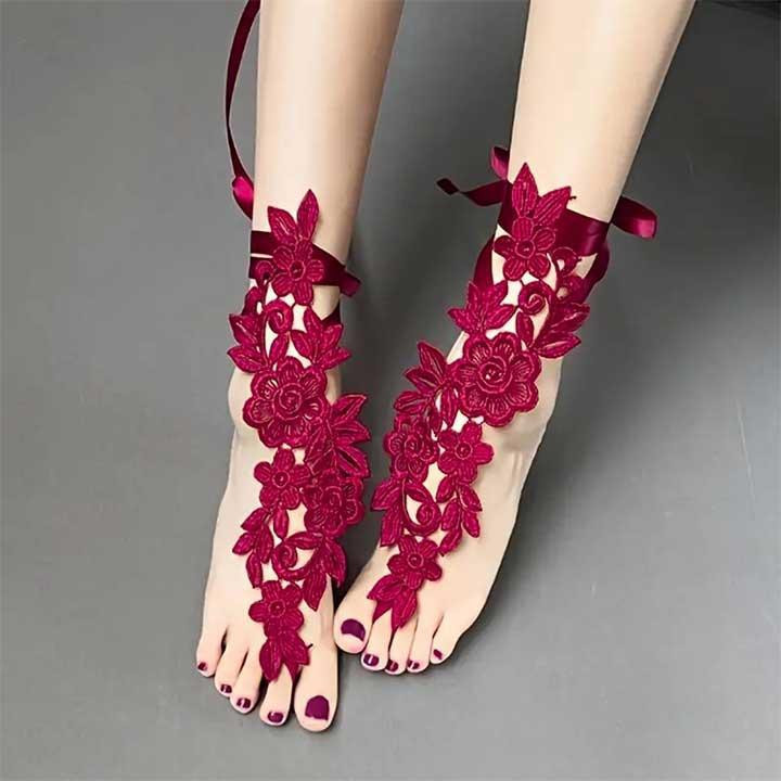 Мереживні квіткові гольфи із зав'язками XS/S/М/L (1,2,3,4) Бордовий — Еротична білизна Вінниця - фото 1