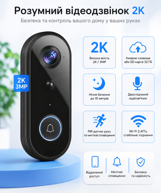 Уцінка! Розумний Wi-Fi відеодзвінок EUDIC 2K 3MP, PIR-датчик руху, нічне бачення, двосторонній зв'язок, IP66, без пульта Київ - фото 11