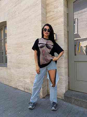 Женская стильная оверсайз футболка с накатом турецкий кулир Одесса