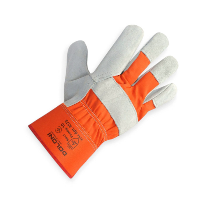 Рукавички "Краги" 27см коров'ячий спилок з тканиною, підкладка бавовна, біло-оранж. Мукачево - фото 1