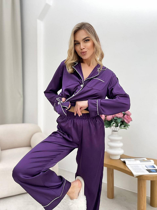 Женская стильная пижама двойка: рубашка и брюки из шелка Армани. Баклажан, 42/44 Одесса - изображение 4