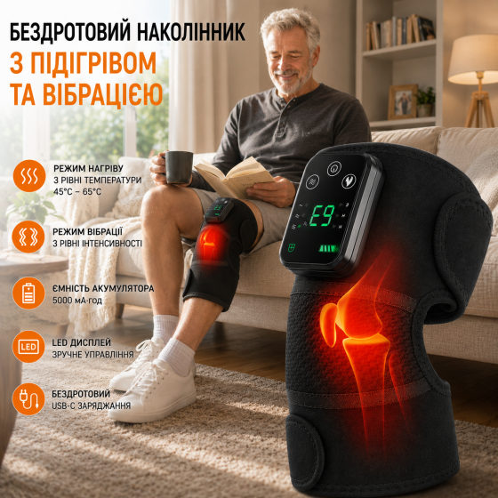 Беспроводной наколенник TIMONHAB с подогревом и вибрацией, 5000 мА·ч, 3 температуры 45–65°C, LED Киев