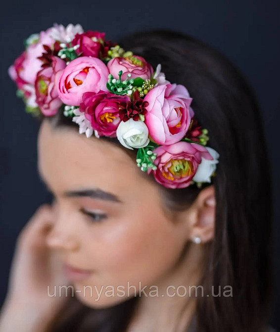 Ободок обруч з квітами "Піони середній вишнево-рожевий" Кривий Ріг - фото 2