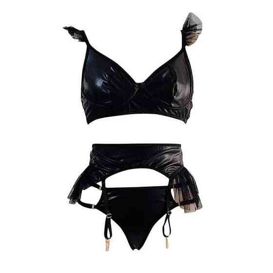 Спокусливий шкіряний комплект з підв'язками для панчіх - Чорний - S/M - Еротична білизна Вінниця