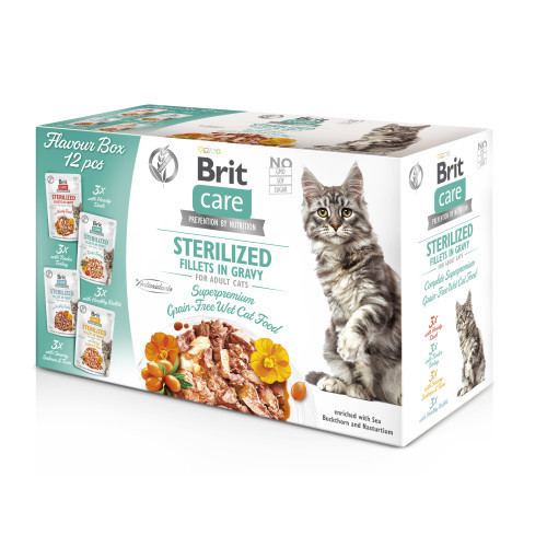 Корм вологий для стерилізованих котів Brit Care Flavour box Sterilized філе в соусі, набір паучів 12 х 85 г Київ - фото 1