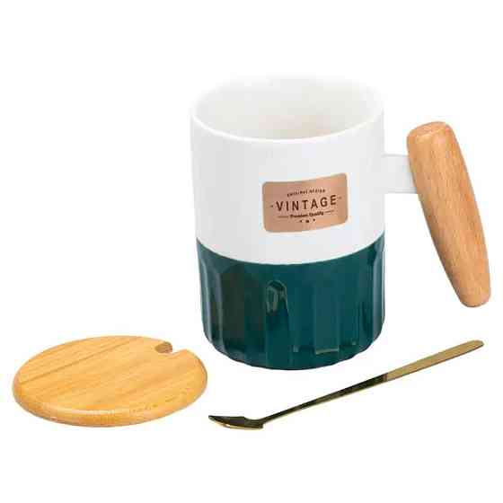 Чашка порцелянова з бамбуковою кришкою та ручкою 400 мл Зелена HP7204GR Київ