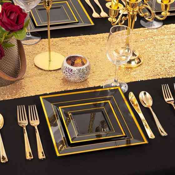 Набір тарілок пластикових 12 шт, десертні 16.5 см і обідні 24 см, квадратні, чорні з золотистим контуром Кам'янець-Подільський