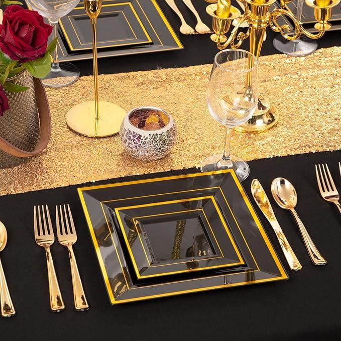 Набір тарілок пластикових 12 шт, десертні 16.5 см і обідні 24 см, квадратні, чорні з золотистим контуром Кам'янець-Подільський - фото 2