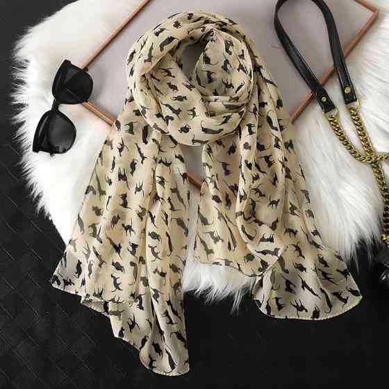 Шарф с котами женский 146 на 47 см бежево-черный Киев