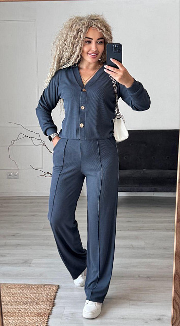 Жіночий стильний повсякденний костюм-двійка: кардиган на ґудзиках + штани трикотажний рубчик Графіт, 50/52 Одеса - фото 7