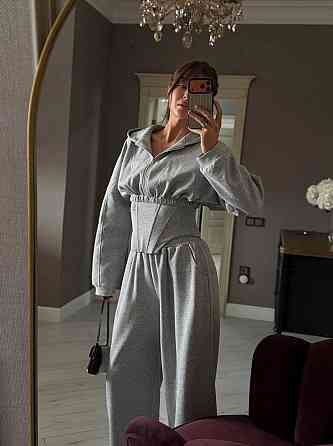 Женский стильный повседневный костюм-тройка турецкая трехнить пенье Серый Одесса