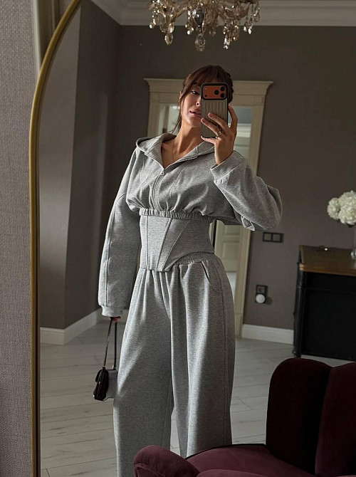 Жіночий стильний повсякденний костюм-трійка турецька тринитка пеньє Сірий Одеса - фото 1