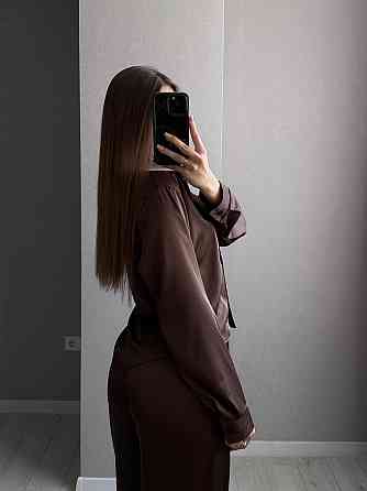 Женский базовый костюм двойка: рубашка и брюки из шелка армани Шоколадный Одесса