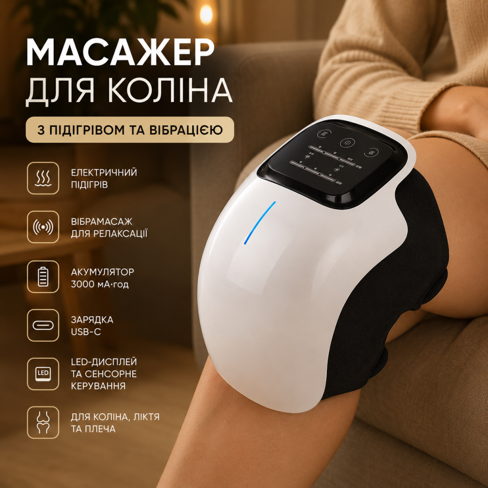 Масажер для коліна з електричним підігрівом, вібромасажер для коліна, ліктя та плеча, USB-C, акумулятор 3000 мА·год, LED-дисплей Київ - фото 11