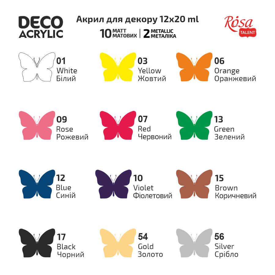Набір акрилових фарб для декору матові і металіки 12×20 мл ROSA Talent Київ - фото 8