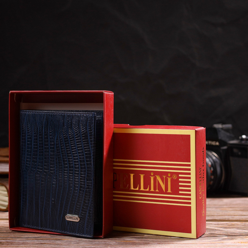 Мужской кошелек вертикального формата из натуральной кожи с тиснением CANPELLINI 21752 Синий Киев - изображение 10