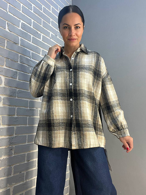 Сорочка жіноча A-N 211 картата оверсайз в клітинку тепла байкова кишеня one size темно бежева, темно-бежевий, one size Київ - фото 1