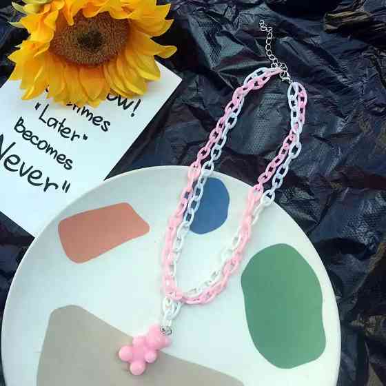 Подвеска мишка, розовый + белый - длина 40см, мишка 2,6см, смола, пластик Киев