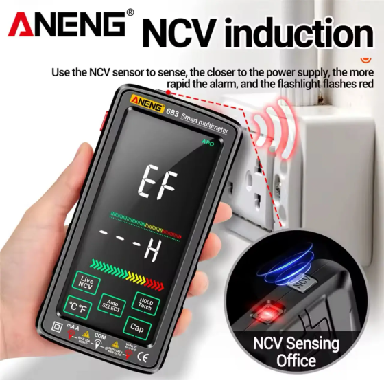 Мультиметр тестер Aneng 683 сенсорный с встроенным аккумулятором AC/DC 10A/1000V с NCV и True RMS (Черный) Винница