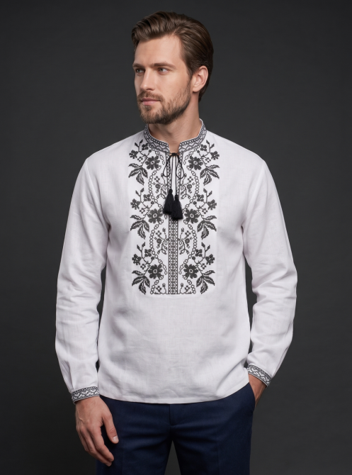 Чоловіча вишиванка на довгий рукав чорним орнаментом на білому полотні Київ - фото 5