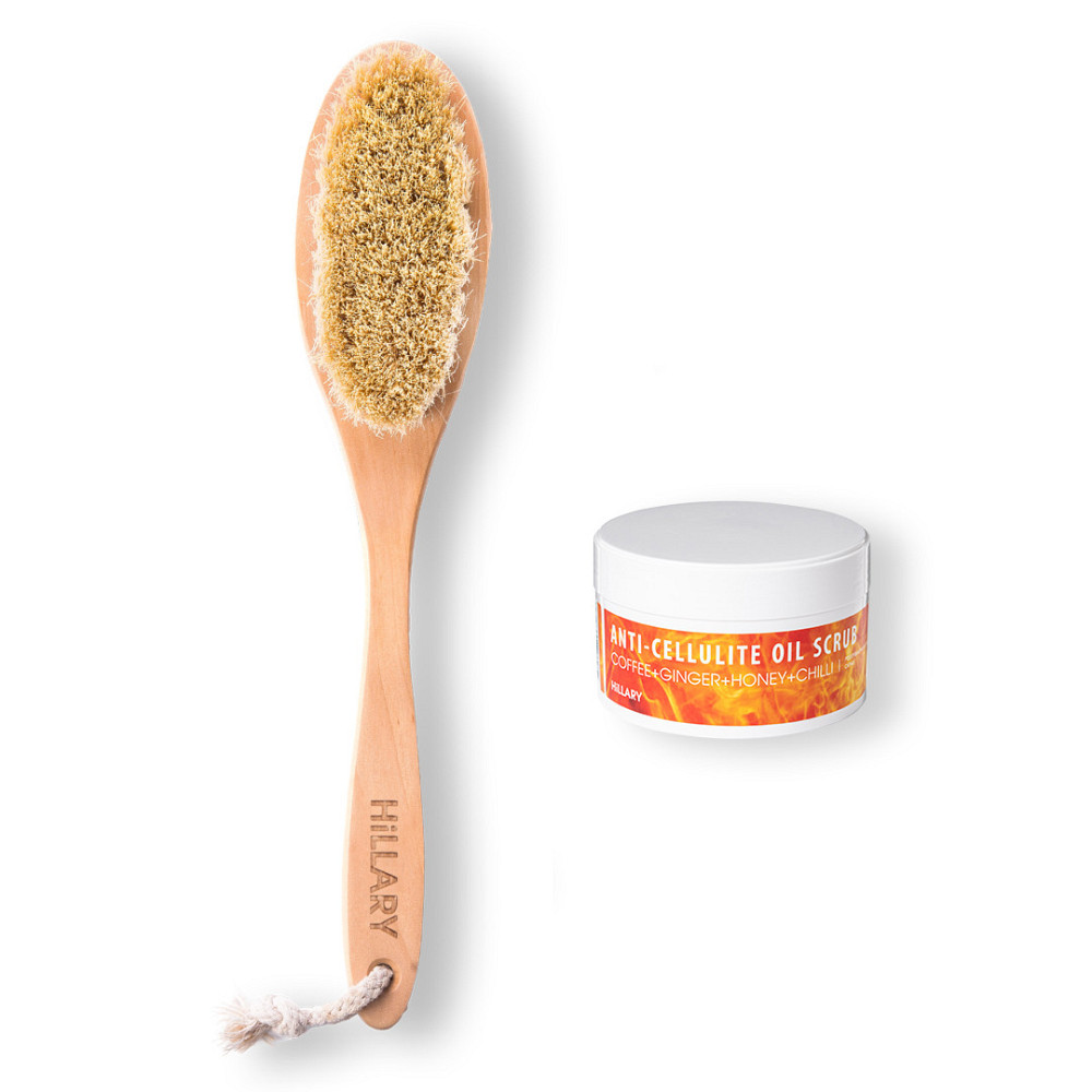 Масажна щітка для сухого масажу сизалева Hillary + Антицелюлітний розігріваючий скраб для тіла Hillary Anti-cellulite Oil Scrub, Київ - фото 1
