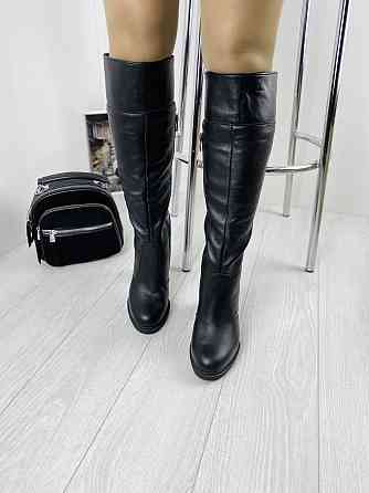 Високі чоботи на зиму жіночі з натуральної шкіри на підборах чорні р. 36, 38 / Стильні чобітки Коломыя