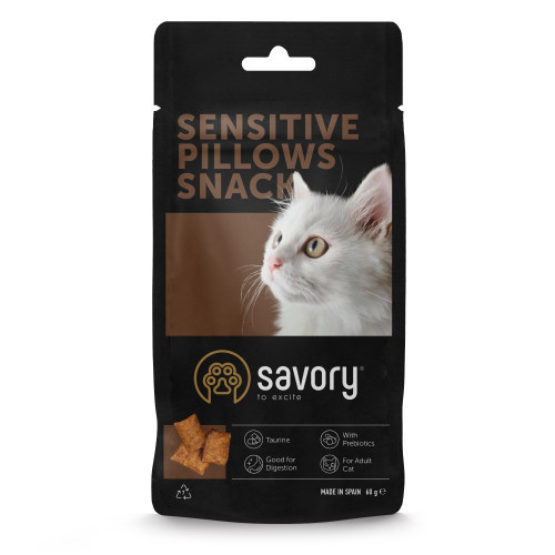 Хрумкі ласощі Savory Cats Snacks Pillows Sensitive для дорослих котів з чутливим травленням, 60 г Київ - фото 1