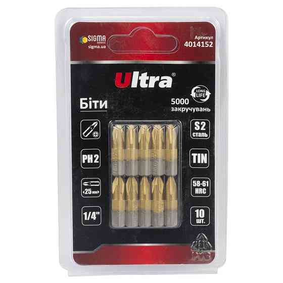 Біти PH2×25мм 1⁄4" 10 шт S2 TIN (блістер) ULTRA (4014152) Київ