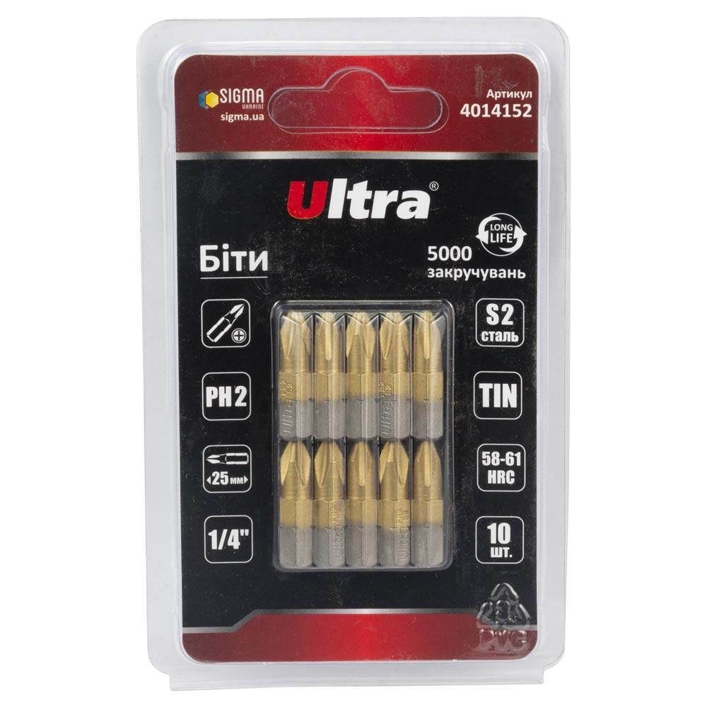 Біти PH2×25мм 1⁄4" 10 шт S2 TIN (блістер) ULTRA (4014152) Київ - фото 1